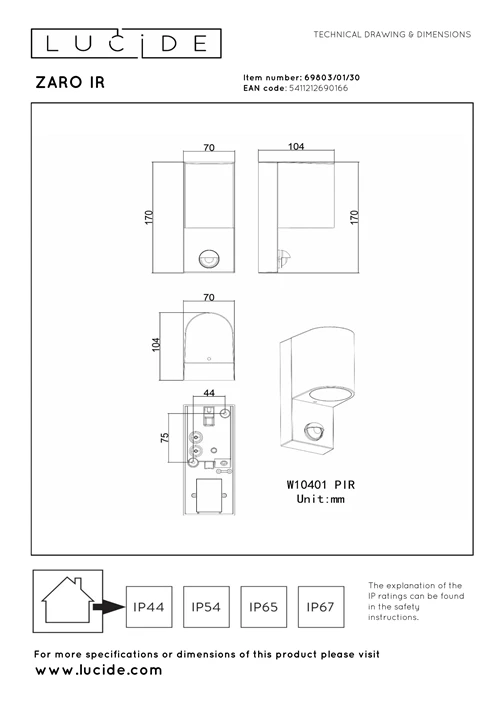 Lucide ZARO IR - Wandspot / Wandlamp Binnen/Buiten - 1xGU10 - IP65 - Beweging & dag/nacht sensor (uitschakelbaar) - Zwart - technisch